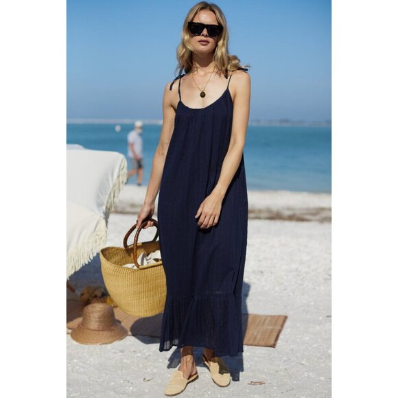 Emerson Frye India Collection Maxi Dress Dot Stripe Maritime Organic - Picture 1 of 9